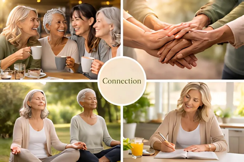 Four different photos depicting signs of connection between women over 55. Women meditating, journaling, having some coffee, sharing stories and feeling a strong sense of connection. 