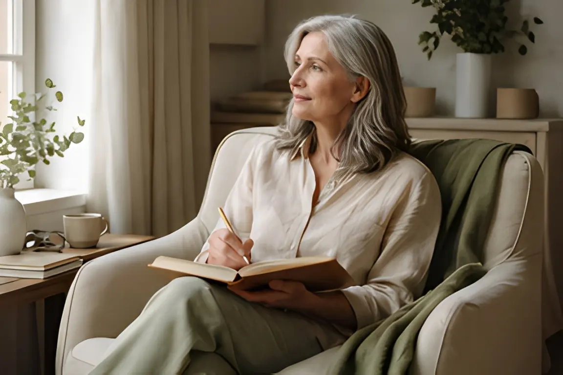 A women over 55 seated in a chair writing a journal, relaxed and think about her Encore