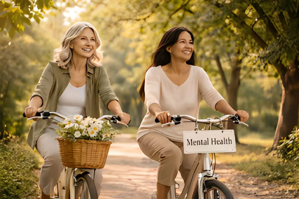 Two women over 55 enjoying nature while out on a bike ride knowing this is exactly what is needed to maintain mental health and are happy to be pedaling