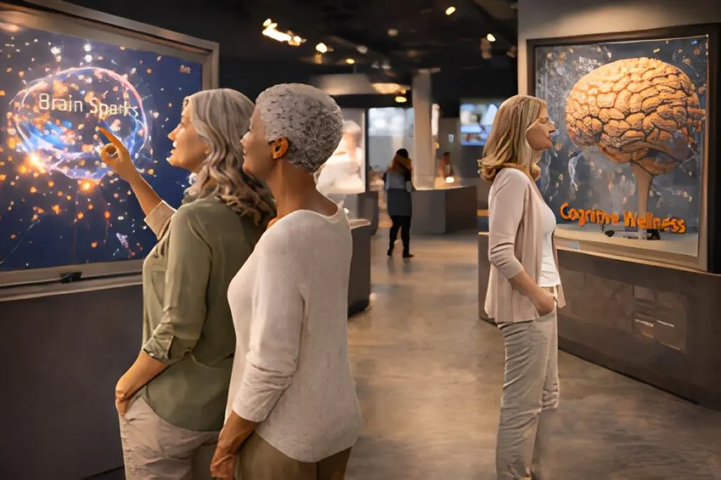 3 women over 55 in a science museum looking at the mental health and cognitive wellness exhibits and can see how brain sparks increase cognitive stimulatin and improve cognitive function. 